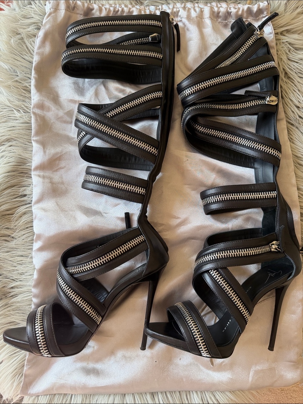 Giuseppe Zanotti Black Strappy Leather Zip-Trim Knee High Stiletto Sandals